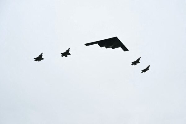 B-2 The stealthy bomber performs high step as Trump, Putin reaches the Alaska base