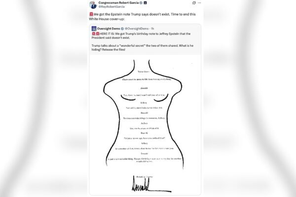 Photo: Democratic representative Robert García published a photo in X that the Democrats say it is the page attributed to Trump in Jeffrey Epstein's "Birthday book" The White House denies that the shared image is the signing of the president.