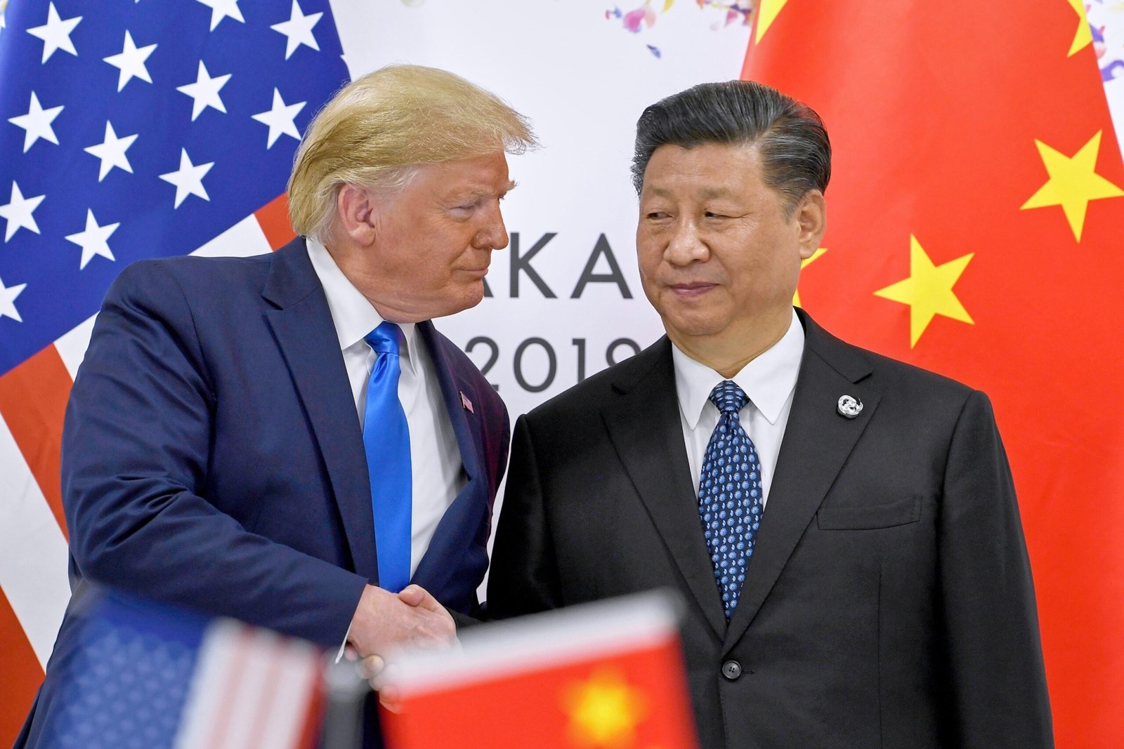 PHOTO: President Donald Trump, left, shakes hands with Chinese President Xi Jinping during a meeting on the sidelines of the G-20 summit in Osaka, western Japan, on June 29, 2019.