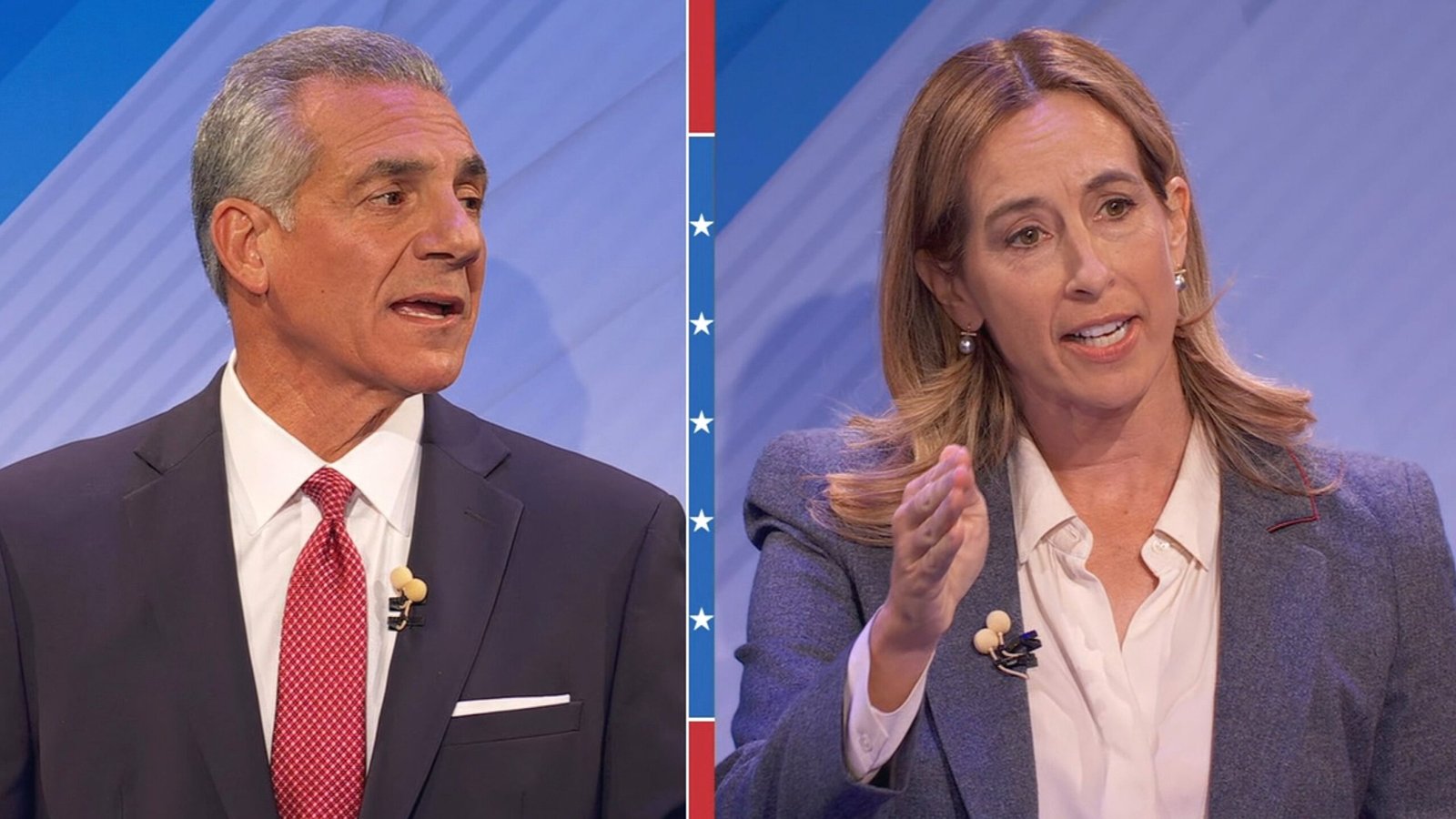 PHOTO: New Jersey gubernatorial candidates Jack Ciatterelli and Mikie Sherrill participate in a debate, October 8, 2025.
