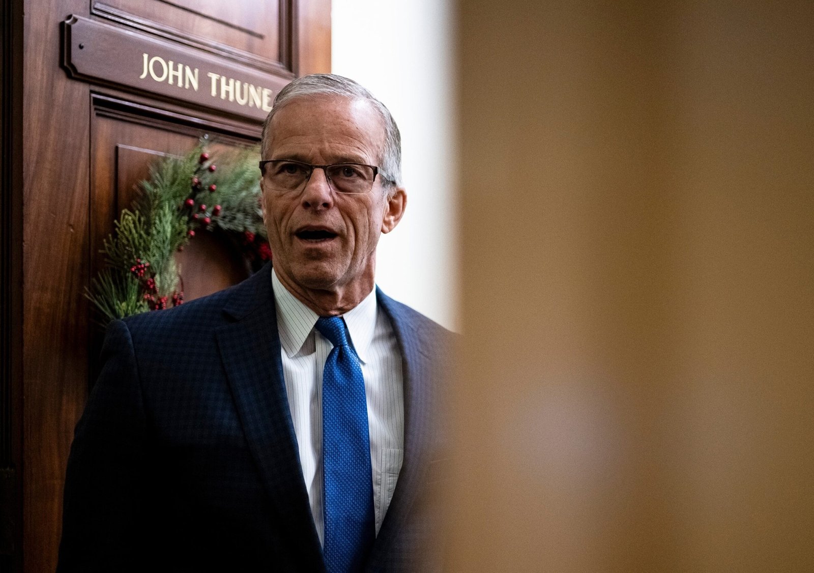 PHOTO: Senate Majority Leader John Thune speaks to reporters after the Senate passed the House resolution to force the release of Justice Department files on deceased convicted sex offender Jeffrey Epstein in Washington, Nov. 18, 2025.